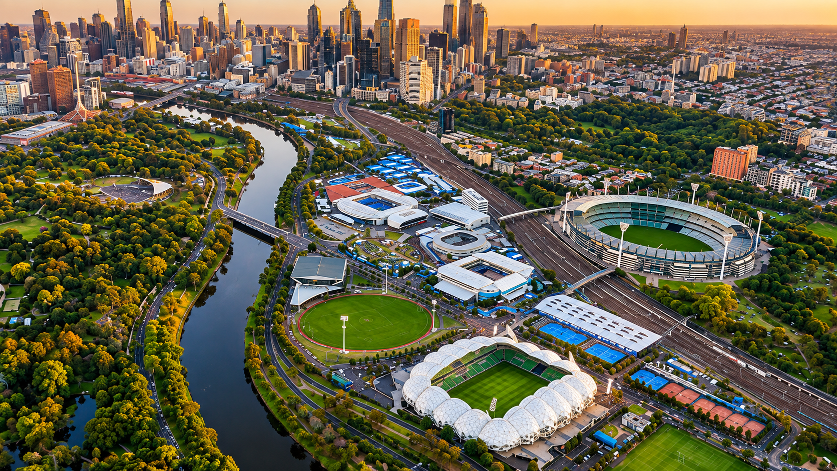 Aerial view of Melbourne Park and Melbourne Cricket Ground beside the Yarra river