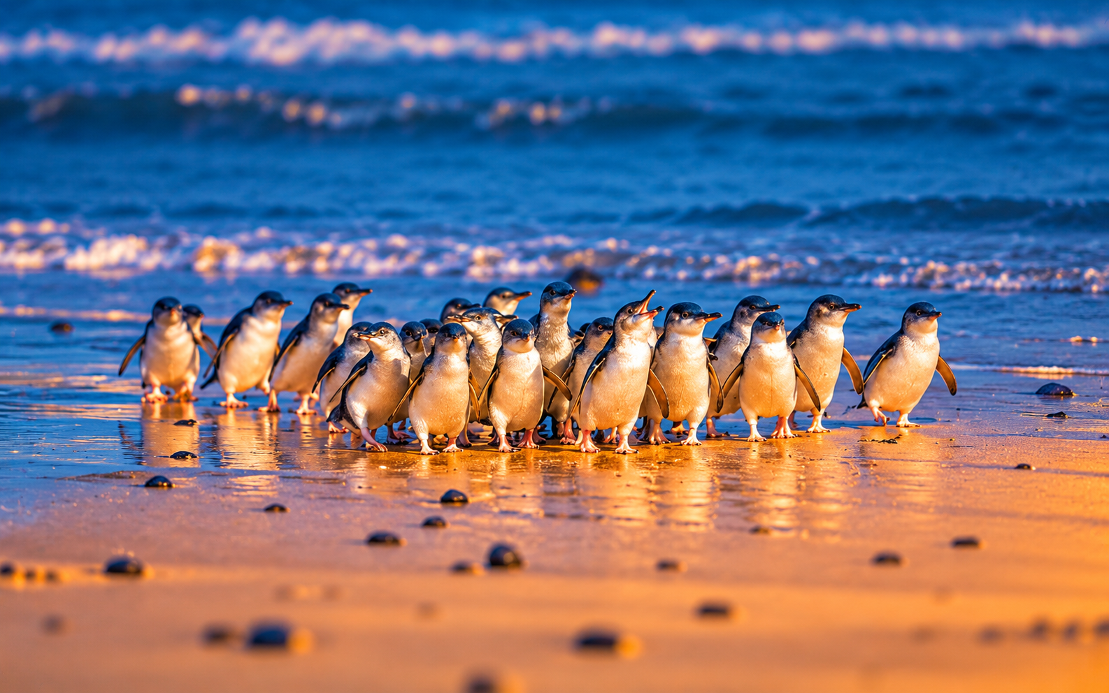 Group of little penguins waddling ashore from the surf, Phillip Island