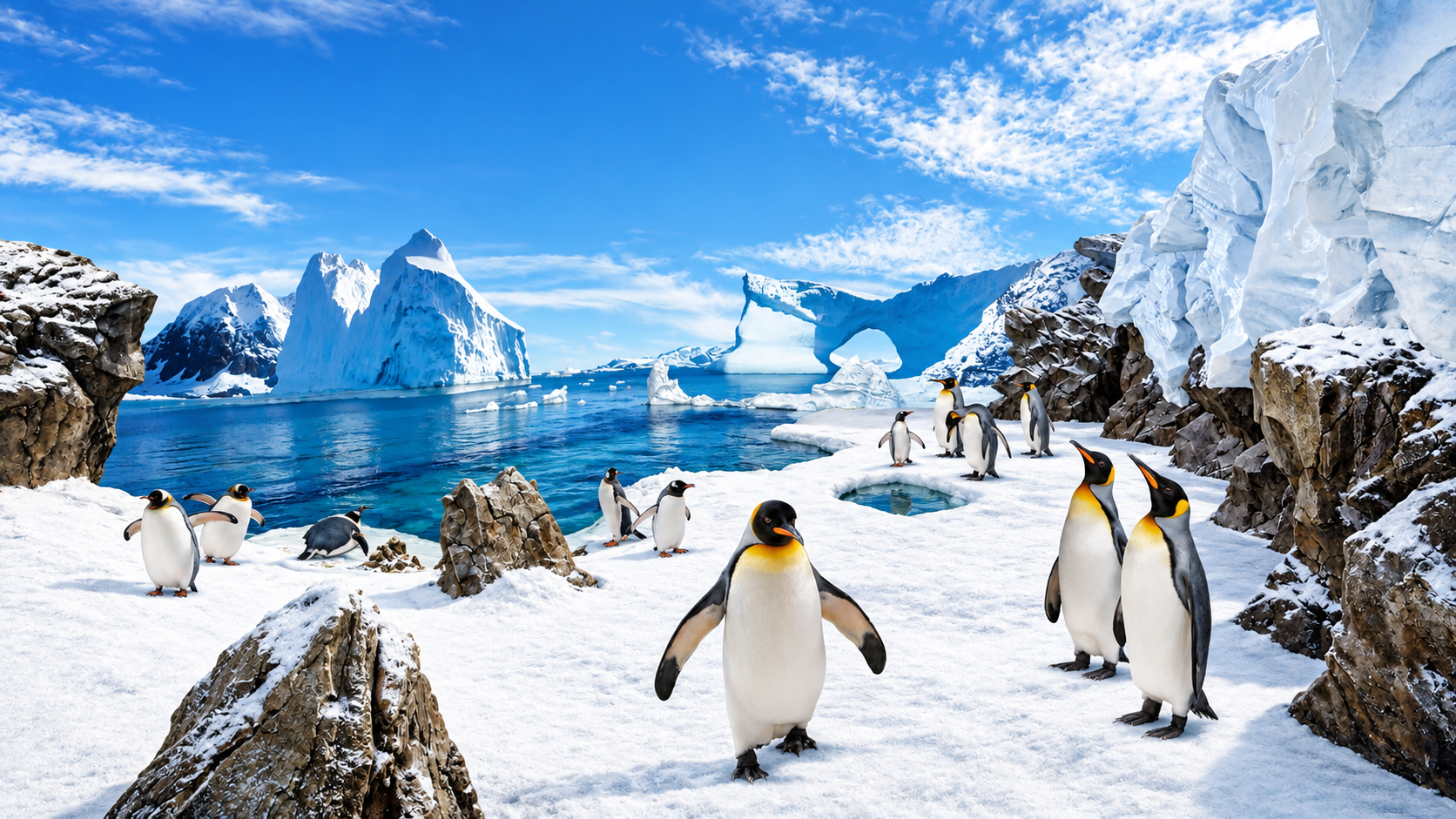King penguins on snow beside icebergs in the penguin exhibit at Sea World Gold Coast